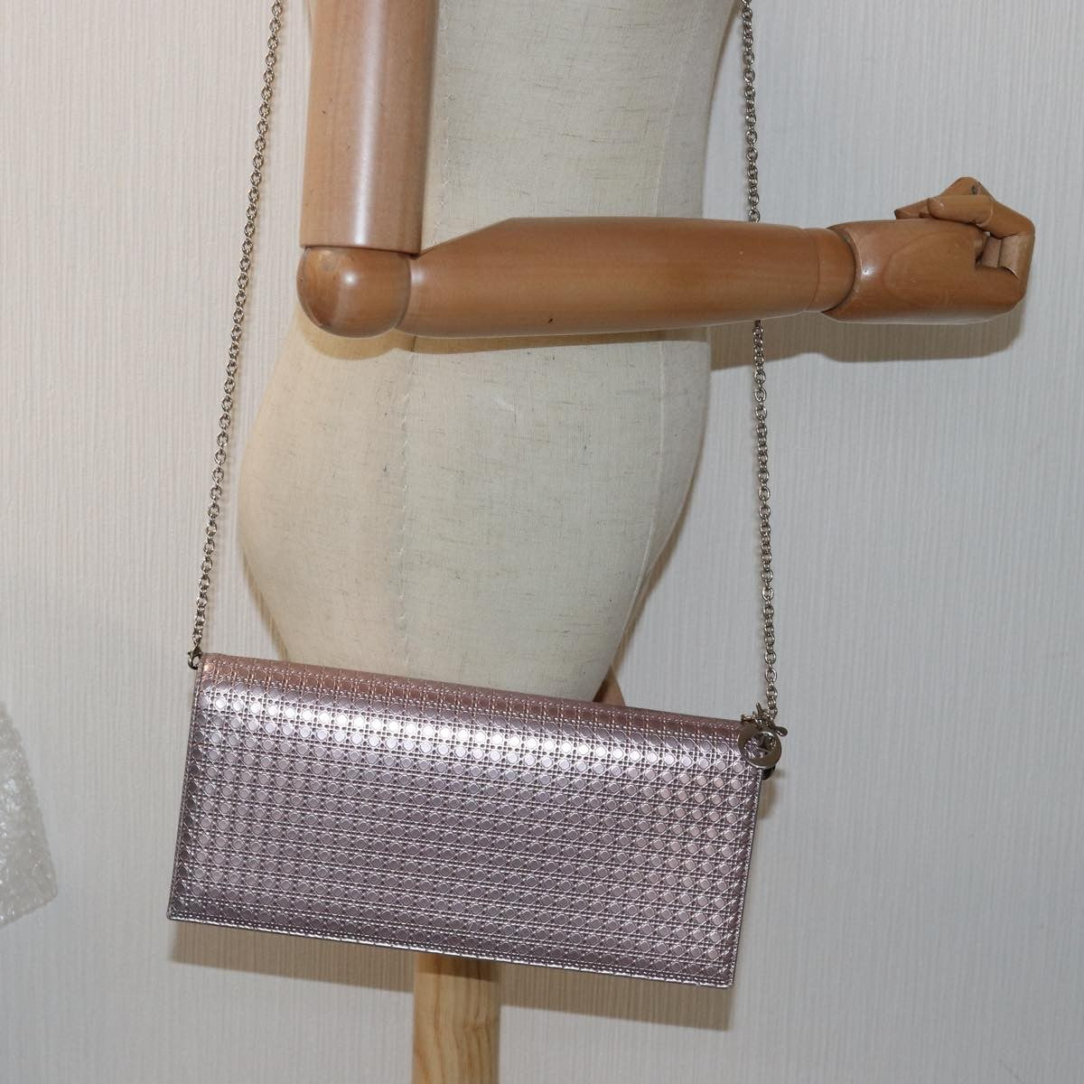 Christian Dior Lady Dior Croisiere Chain Wallet Micro Cannage Metallic Calfskin, PINK, LEATHER, Shoulder bag