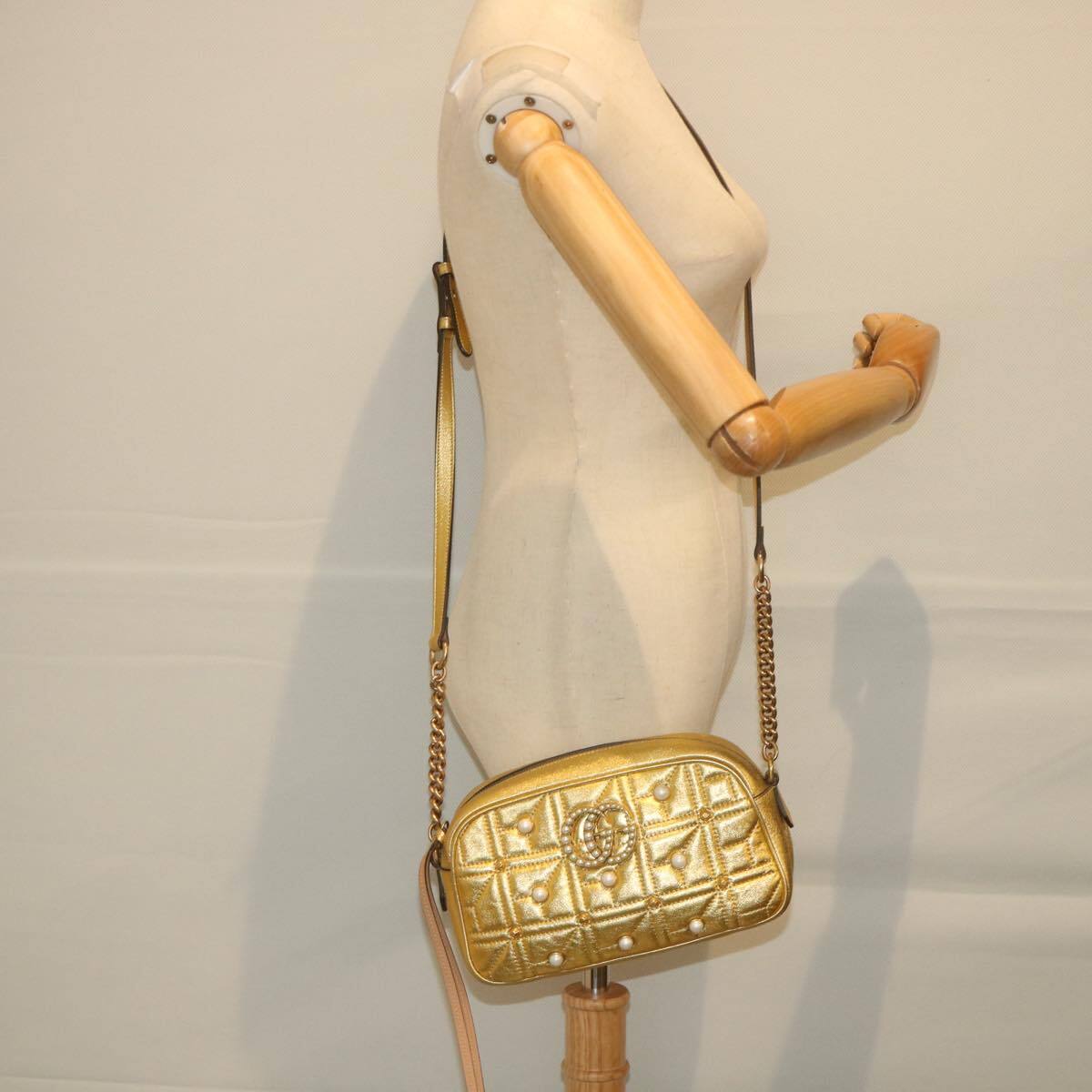 Gucci Pearly GG Marmont Shoulder Bag Embellished Matelasse Leather, GOLD, LEATHER, Shoulder bag