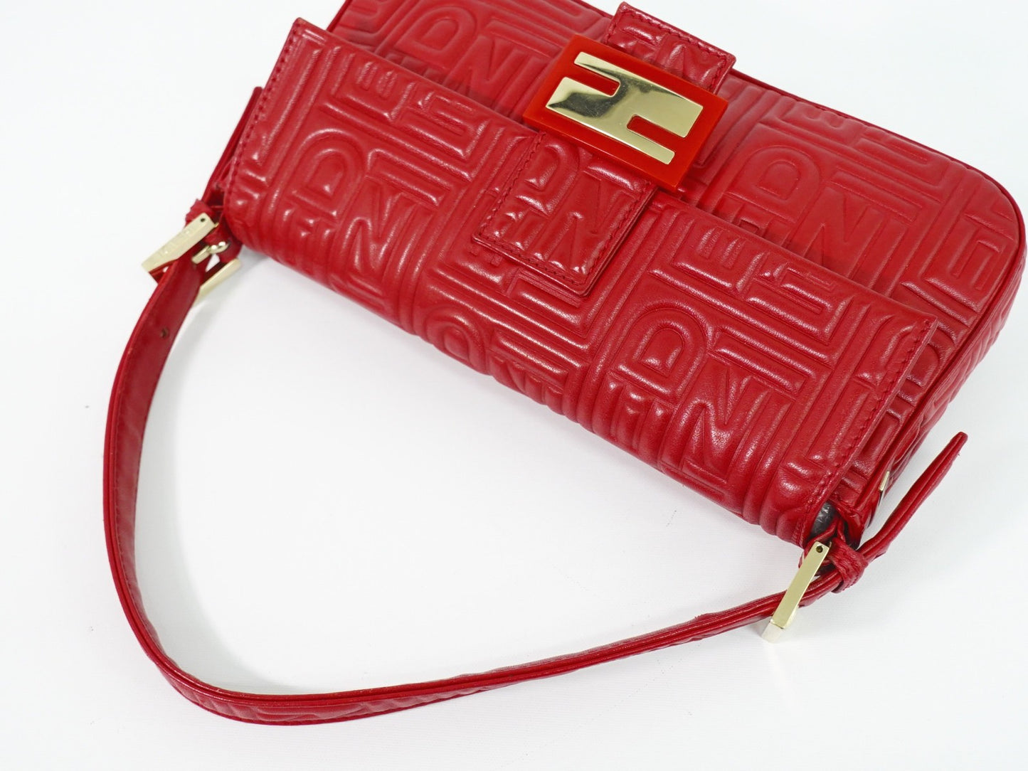 Fendi Mamma baguette Leather, Red, Leather, Handbag