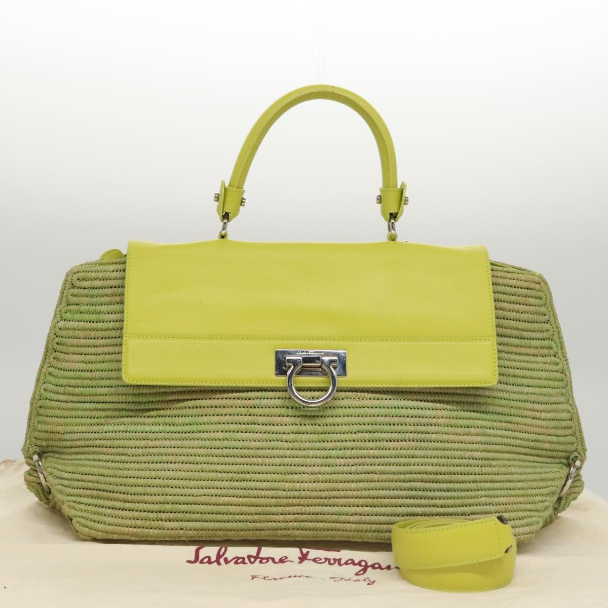 Salvatore Ferragamo Sofia Satchel Raffia with Leather, GREEN, WOOD, Handbag