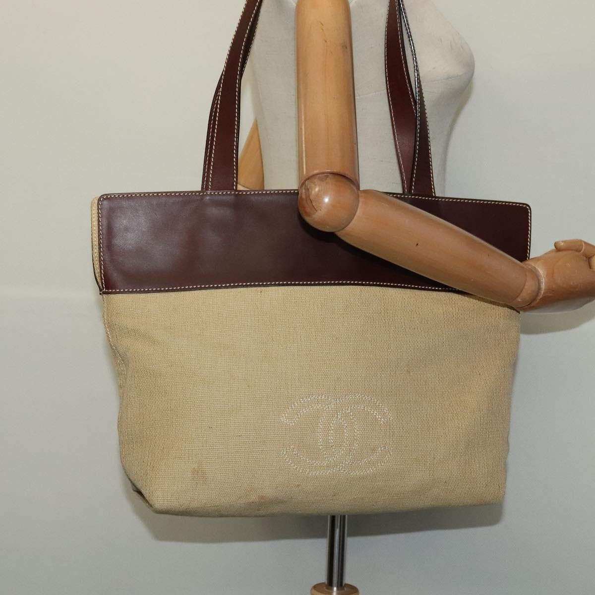 Chanel Vintage CC Tote Canvas with Leather, BEIGE, CANVAS, Tote bag