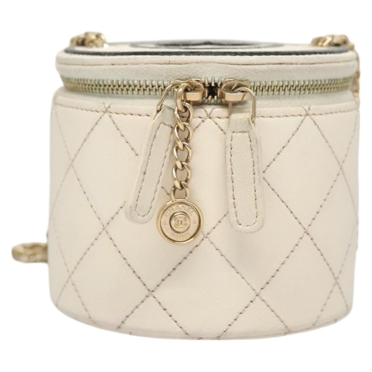 Chanel CC Round Vanity Case with Chain Quilted Lambskin, WHITE, LEATHER, Shoulder bag