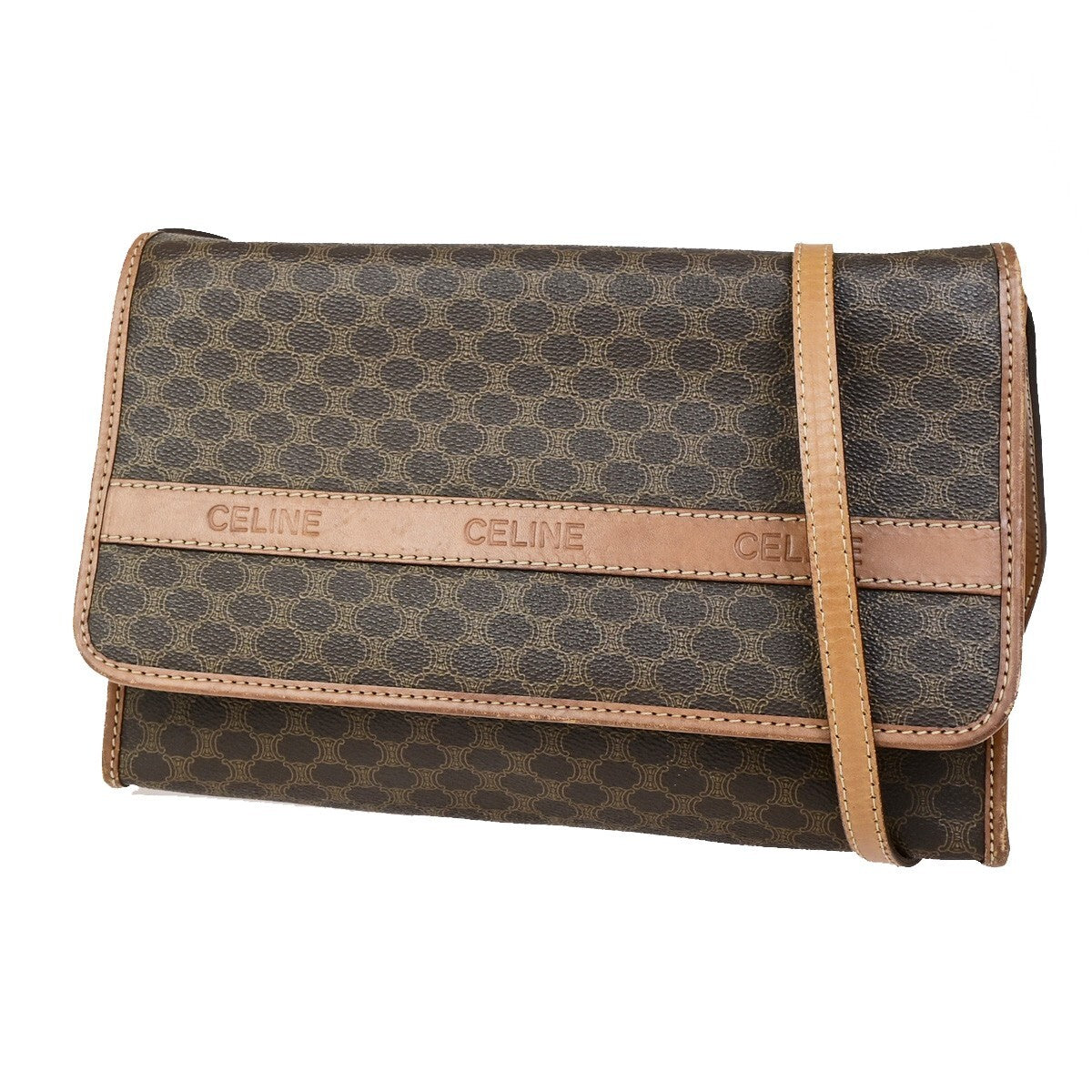 Celine Vintage Macadam Shoulder Bag Canvas and Leather, BROWN, CANVAS, Shoulder bag