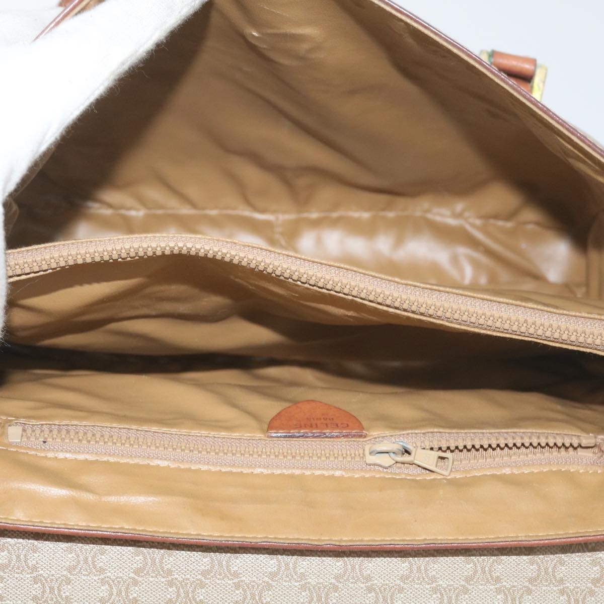 Celine Vintage Macadam Handbag Canvas and Leather, BEIGE, CANVAS, Handbag