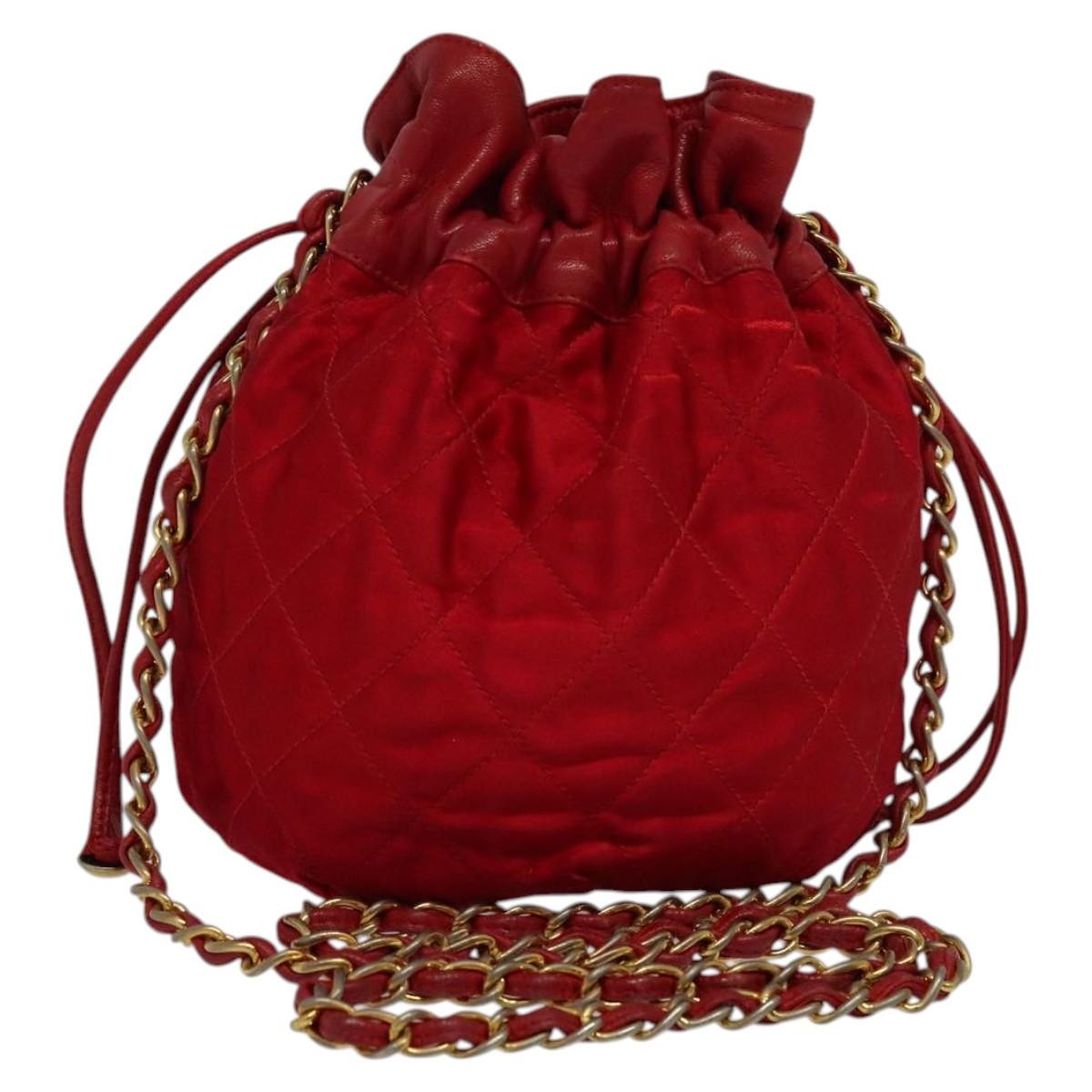 Chanel Vintage Drawstring Bucket Bag Quilted Satin, RED, SATIN, Shoulder bag