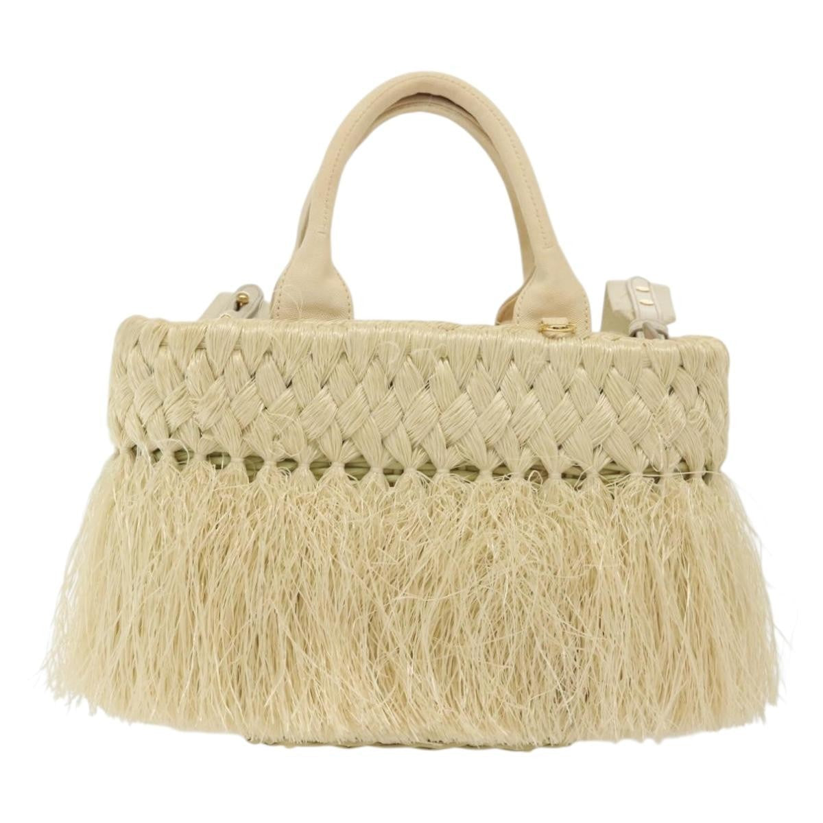Prada Fringe Wicker Tote Woven Straw, GOLD, WOOD, Handbag
