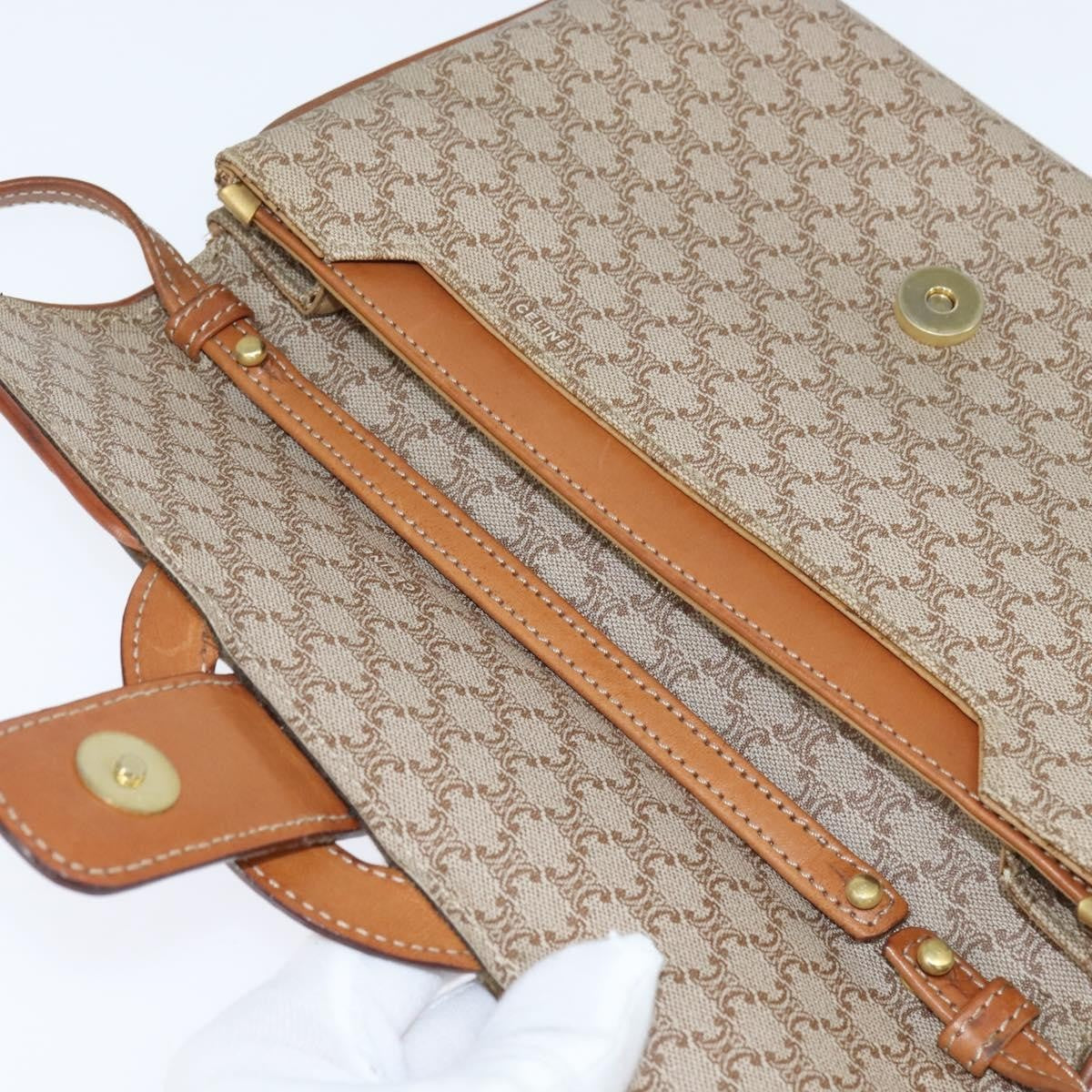 Celine Vintage Macadam Shoulder Bag Canvas and Leather, BEIGE, CANVAS, Shoulder bag