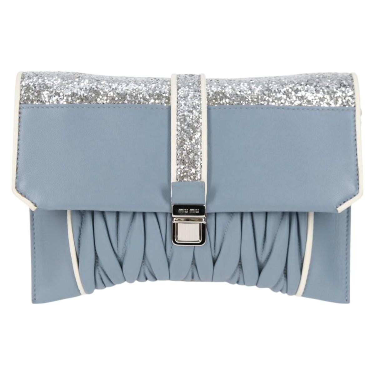 Miu Miu Madras Chain Clutch Matelasse Leather with Glitter, BLUE, LEATHER, Shoulder bag