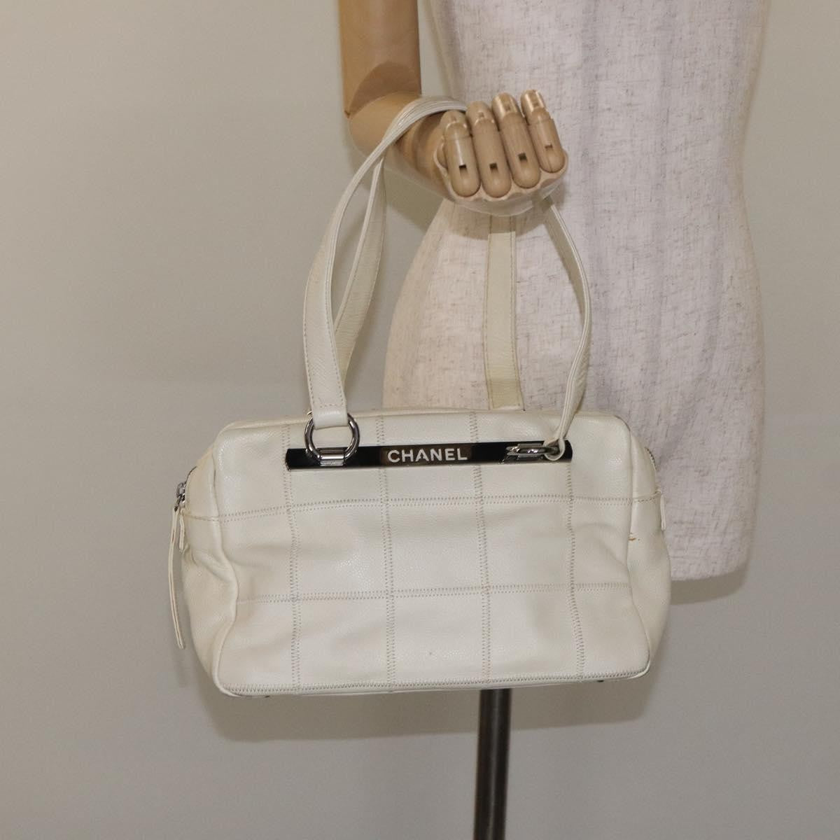 Chanel Square Stitch Shoulder Bag Quilted Caviar, WHITE, LEATHER, Shoulder bag