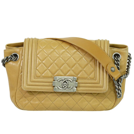 Chanel Boy Accordion Flap Bag Quilted Lambskin, BEIGE, LEATHER, Shoulder bag