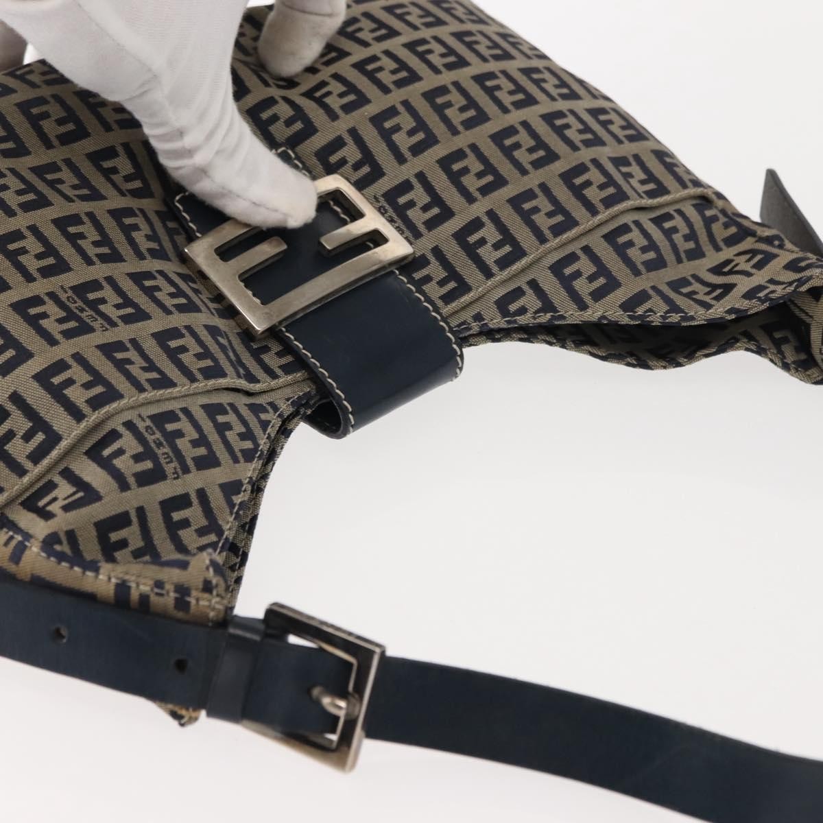 Fendi Belted Flap Shoulder Bag Zucchino Coated Canvas, NAVY, CANVAS, Shoulder bag