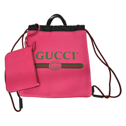 Gucci Logo Drawstring Backpack Printed Leather, PINK, LEATHER, Backpack