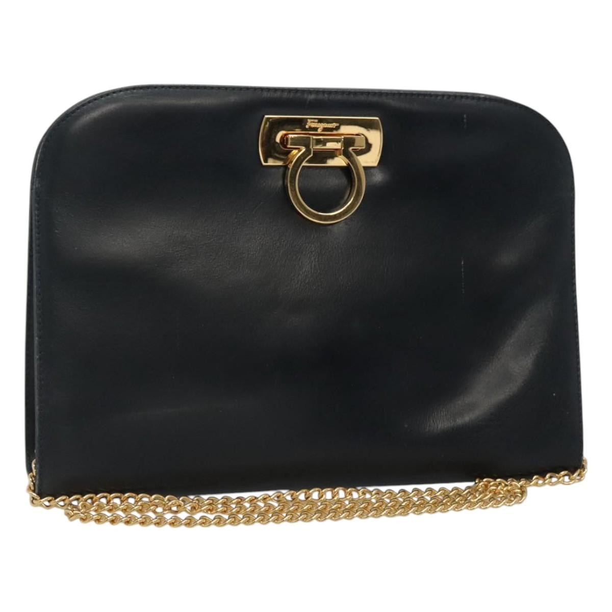 Salvatore Ferragamo Vintage Gancini Chain Shoulder Bag Leather, NAVY, LEATHER, Shoulder bag