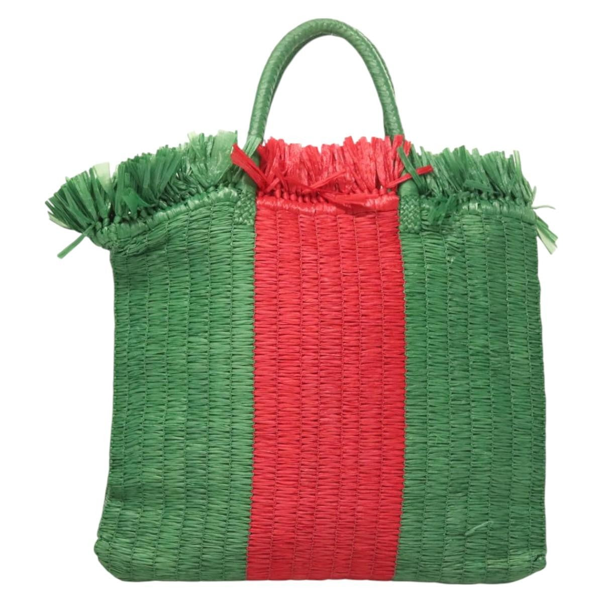 Gucci Cestino Tote Woven Raffia, GREEN, WICKER, Tote bag
