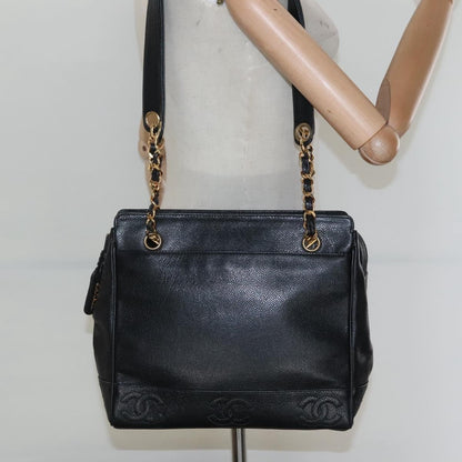 Chanel Vintage Stitched CC Shoulder Bag Caviar, BLACK, LEATHER, Shoulder bag