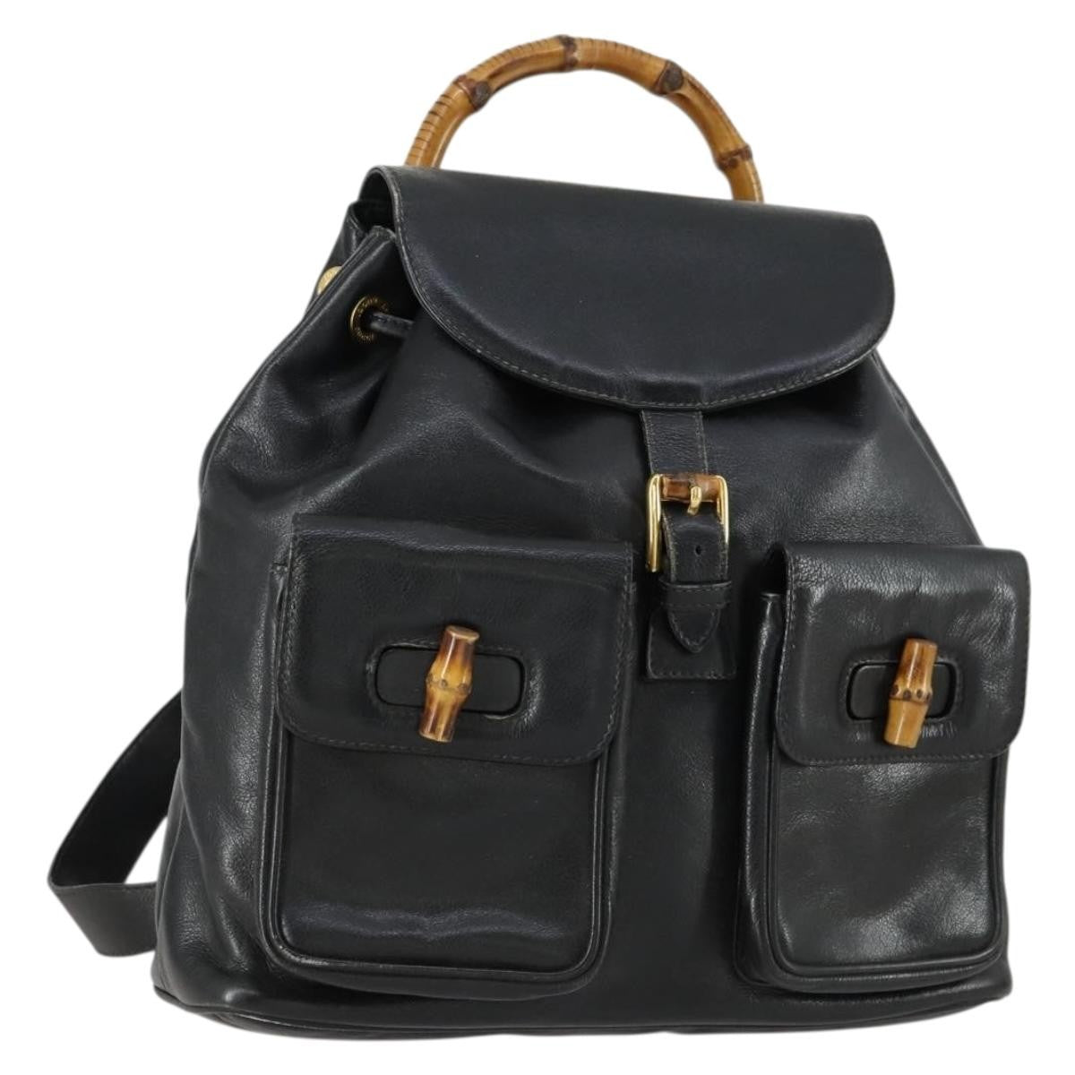 Gucci Vintage Bamboo Backpack Leather, BLACK, LEATHER, Backpack