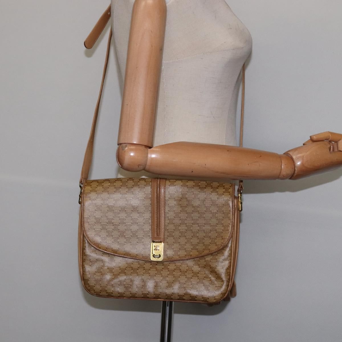 Celine Vintage Macadam Shoulder Bag Canvas and Leather, BEIGE, CANVAS, Shoulder bag