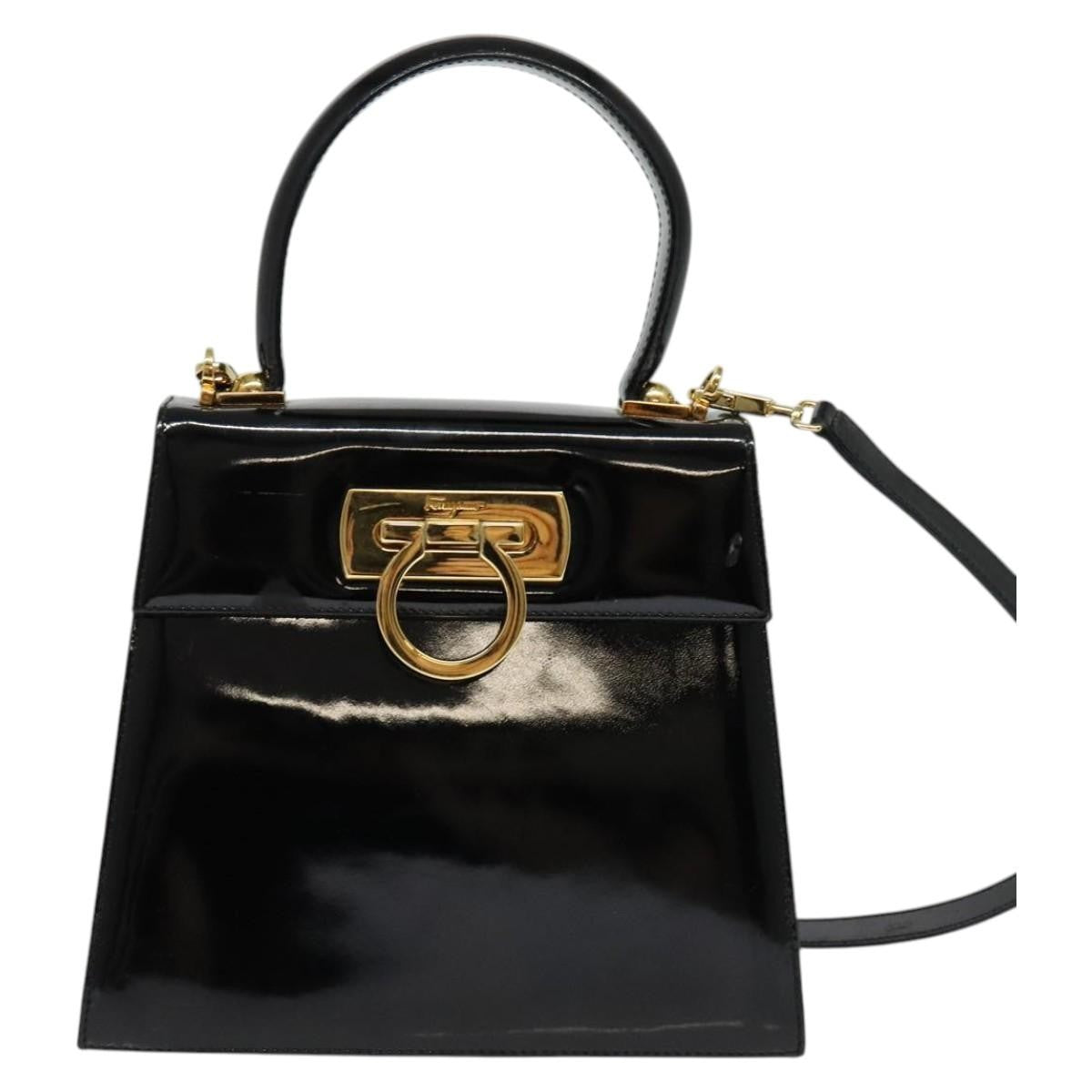 Salvatore Ferragamo Gancini Convertible Top Handle Bag Patent Leather, BLACK, PATENT_LEATHER, Handbag