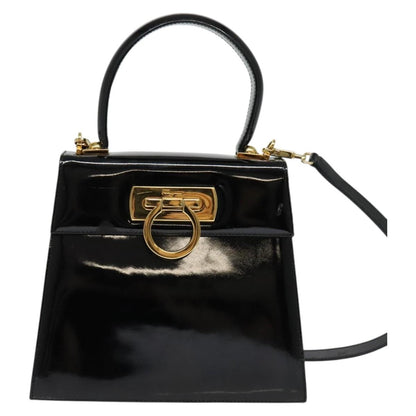 Salvatore Ferragamo Gancini Convertible Top Handle Bag Patent Leather, BLACK, PATENT_LEATHER, Handbag