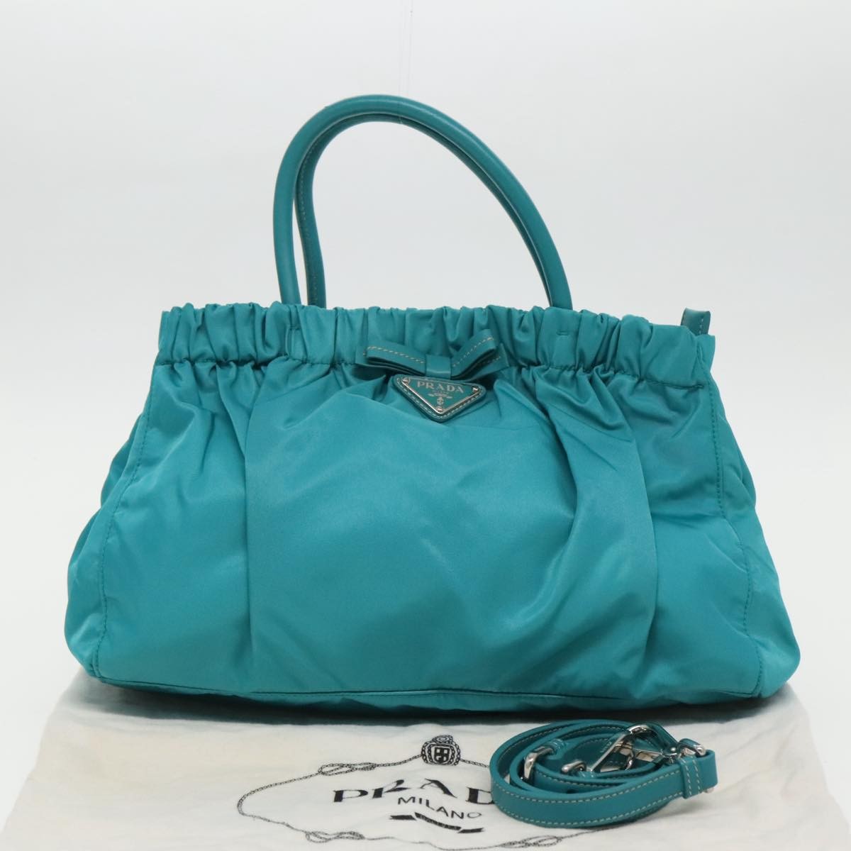 Prada Bow Convertible Tote Tessuto, TURQUOISE, NYLON, Tote bag