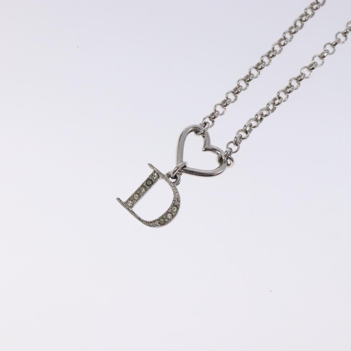 Christian Dior Vintage D Logo & Heart Charm Necklace Metal with Crystals, SILVER, METAL, Necklace