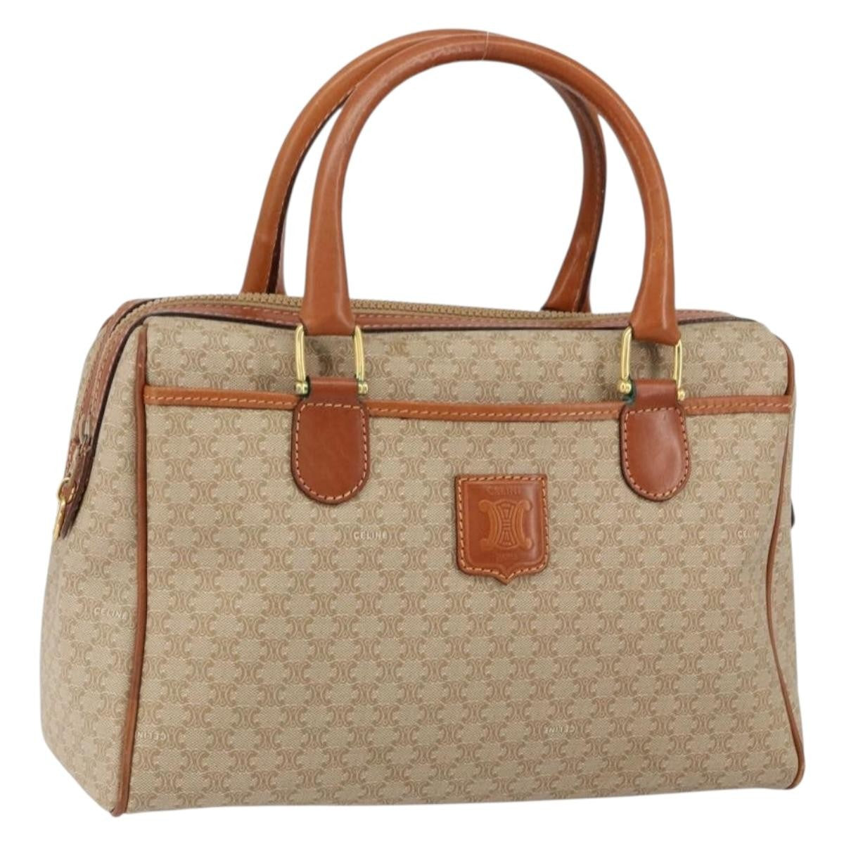 Celine Vintage Macadam Handbag Canvas and Leather, BEIGE, CANVAS, Handbag