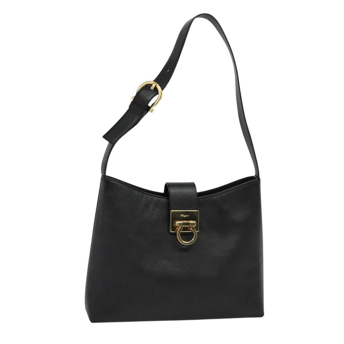 Salvatore Ferragamo Gancio Flap Hobo Leather, BLACK, LEATHER, Shoulder bag
