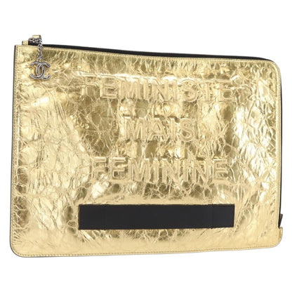 Chanel Feminine Pouch Crinkled Leather, GOLD, LEATHER, Clutche & pouche