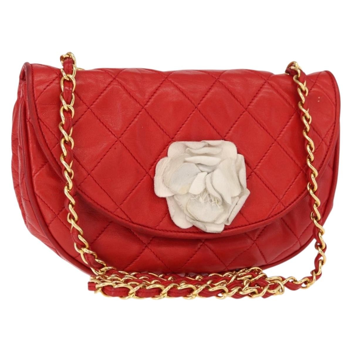 Chanel Camellia Rounded Clutch Satin and Leather, RED, LEATHER, Shoulder bag