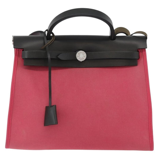 Hermes Herbag Zip Leather and Toile, PINK, CANVAS, Shoulder bag