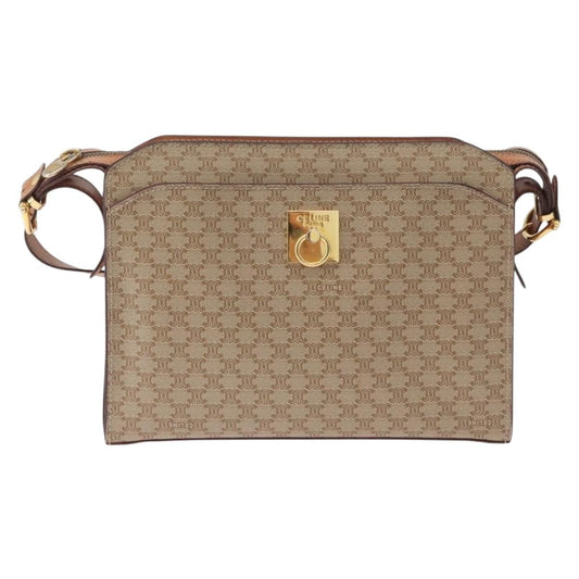 Celine Vintage Macadam Shoulder Bag Canvas and Leather, BEIGE, CANVAS, Shoulder bag
