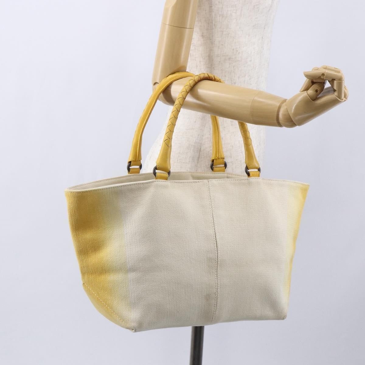 Bottega Veneta Braided Handle Open Tote Bag Canvas with Leather, YELLOW, CANVAS, Tote bag