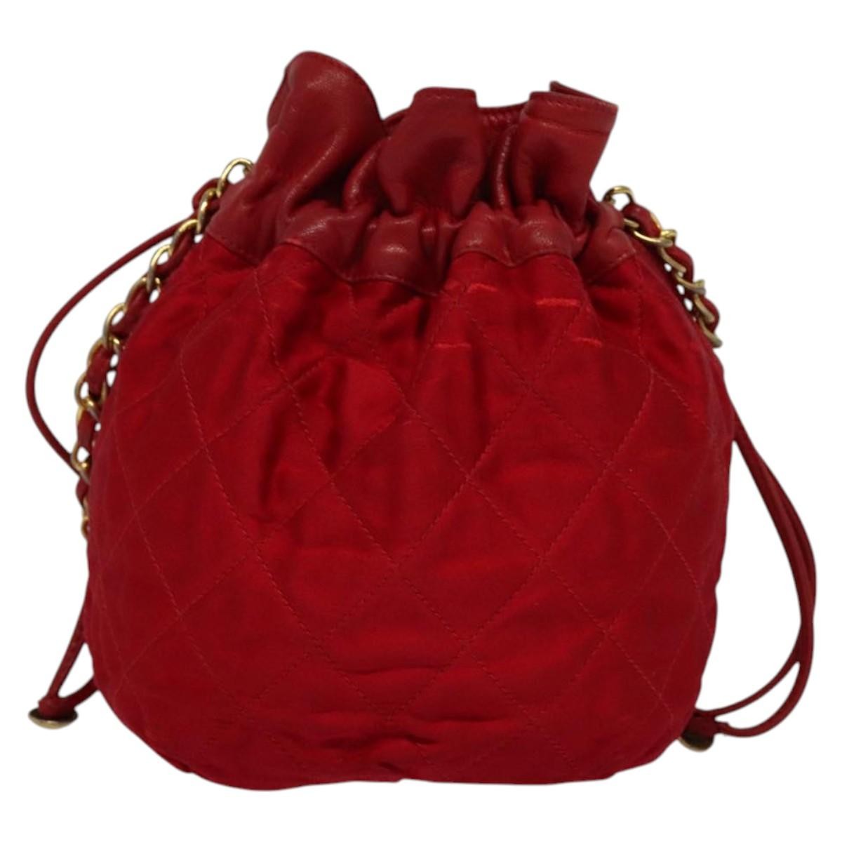 Chanel Vintage Drawstring Bucket Bag Quilted Satin, RED, SATIN, Shoulder bag