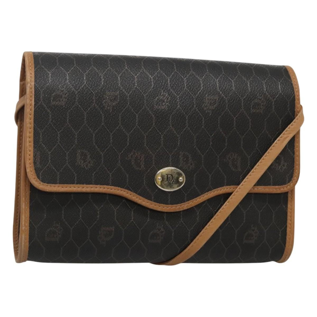 Christian Dior Vintage Honeycomb Flap Crossbody Bag Coated Canvas, BLACK, CANVAS, Shoulder bag