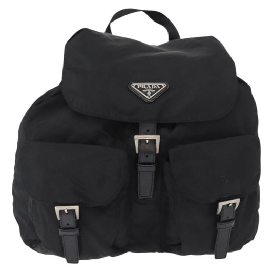 Prada Double Front Pocket Backpack Re-Nylon with Leather, BLACK, NYLON, Backpack