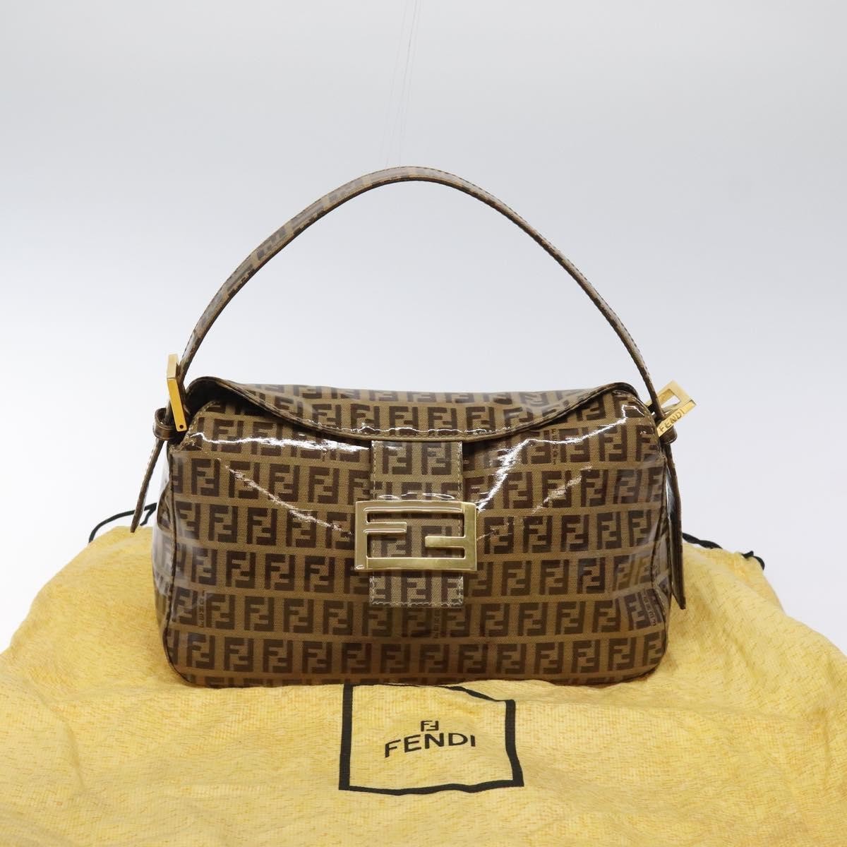 Fendi Vintage FF Buckle Curved Hobo Zucchino Coated Canvas, BROWN, PATENT_LEATHER, Handbag