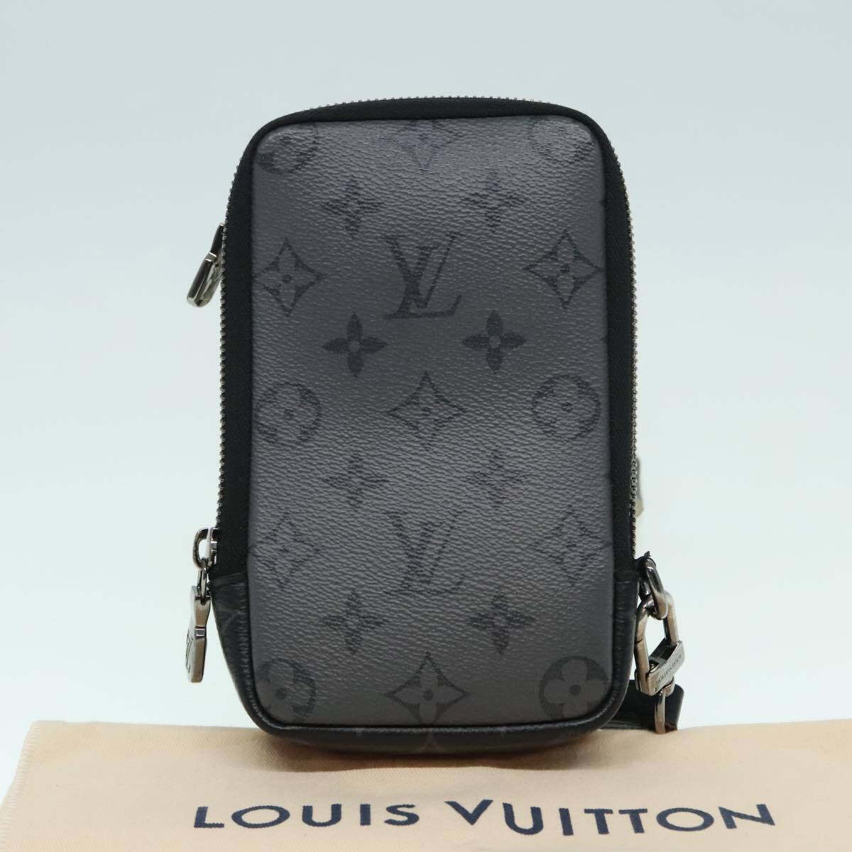 Louis Vuitton Double Phone Pouch Reverse Monogram Eclipse Canvas, GRAY, CANVAS, Tech accessory