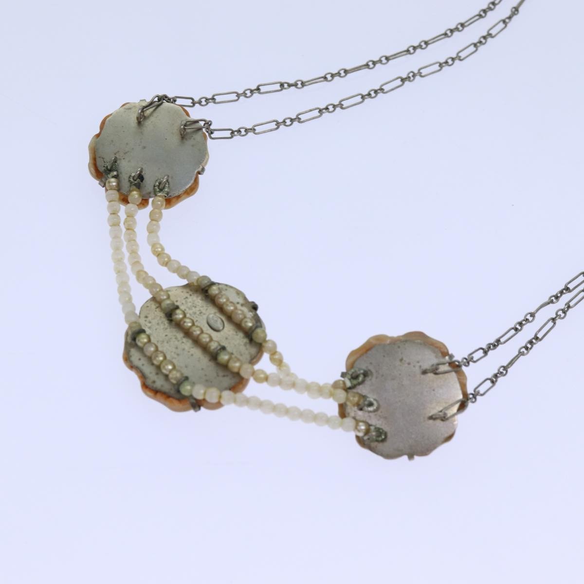 Chanel Camellia CC Long Necklace Metal with Faux Pearls, SILVER, METAL, Necklace