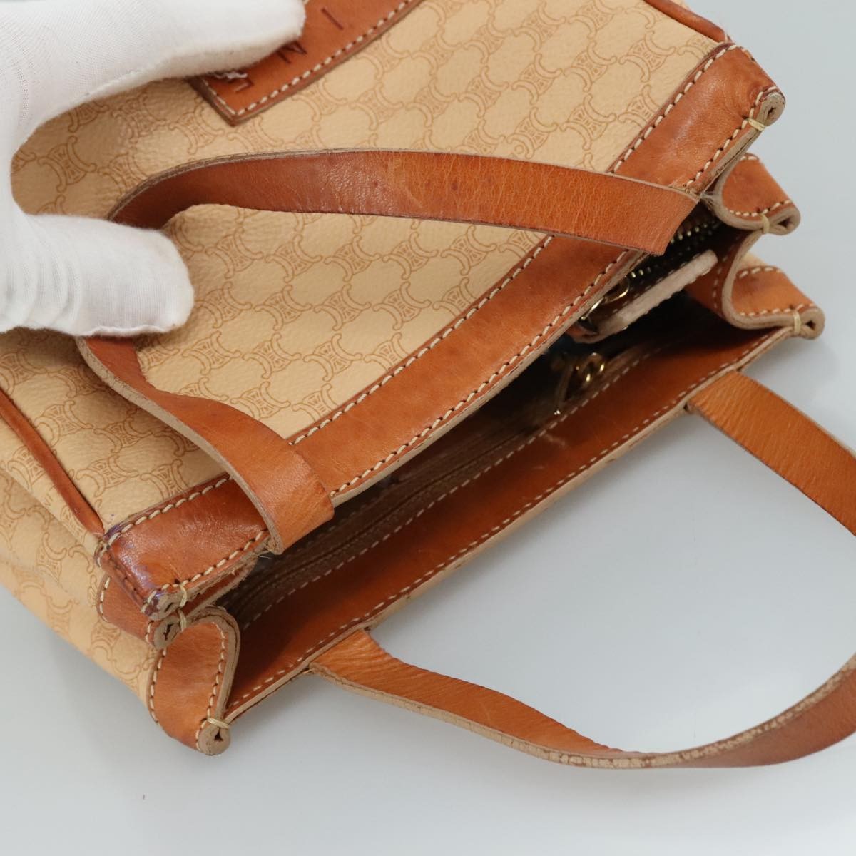 Celine Vintage Macadam Handbag Macadam, "Beige,Brown,Gold", PVC,Leather,Canvas, Handbag