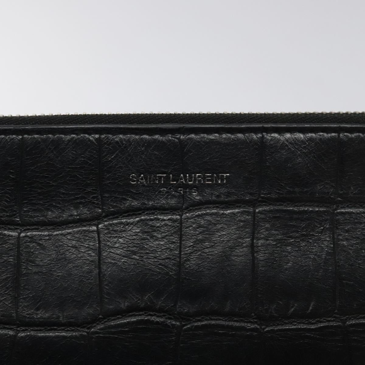 Saint Laurent Classic Monogram Zip Pouch Crocodile Embossed Leather, BLACK, LEATHER, Clutche & pouche