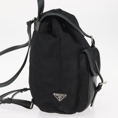 Prada Vela Double Front Pocket Backpack Tessuto with Saffiano Leather, BLACK, NYLON, Backpack