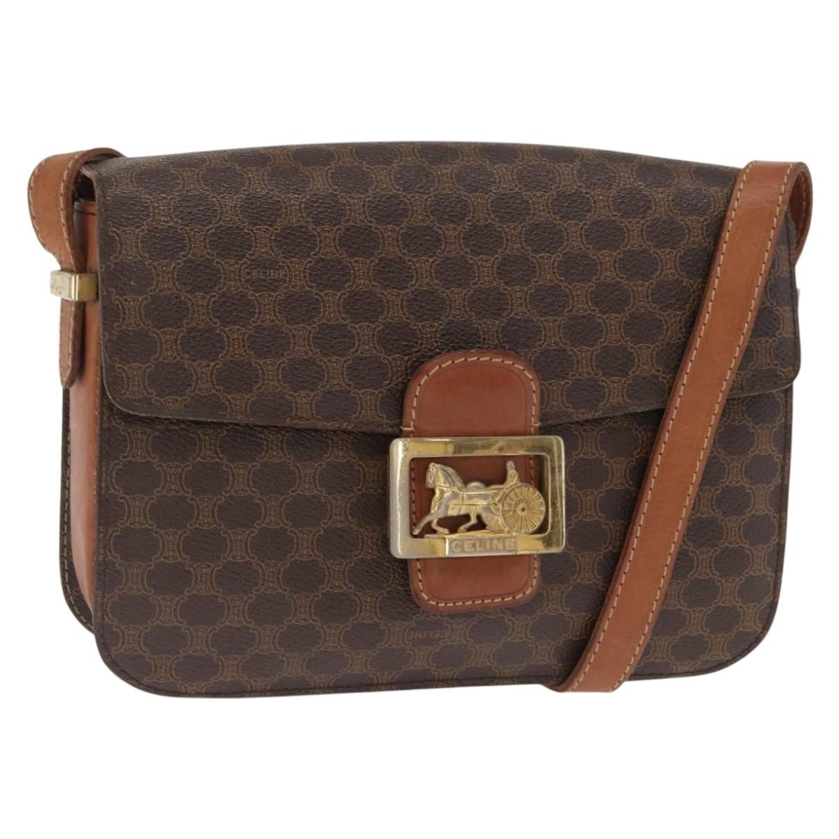 Celine Vintage Horse Carriage Macadam Shoulder Bag Canvas, BROWN, PVC, Shoulder bag