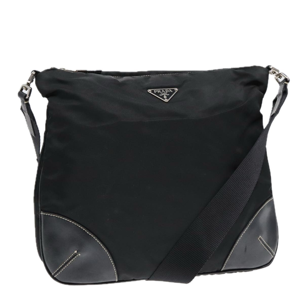 Prada Zip Messenger Bag Tessuto with Leather, BLACK, NYLON, Shoulder bag