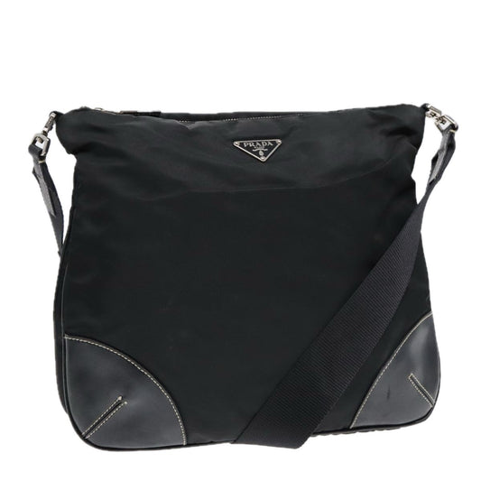 Prada Zip Messenger Bag Tessuto with Leather, BLACK, NYLON, Shoulder bag