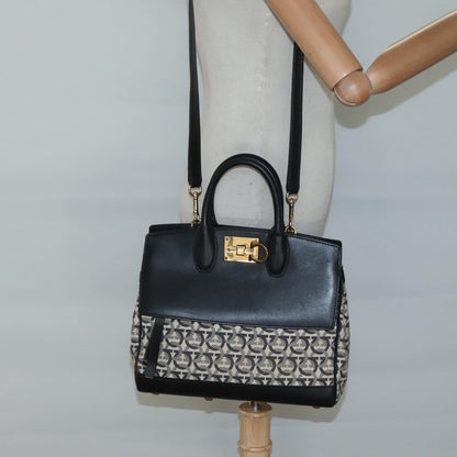 Salvatore Ferragamo Studio Satchel Gancini Jacquard and Leather, BLACK, CANVAS, Handbag