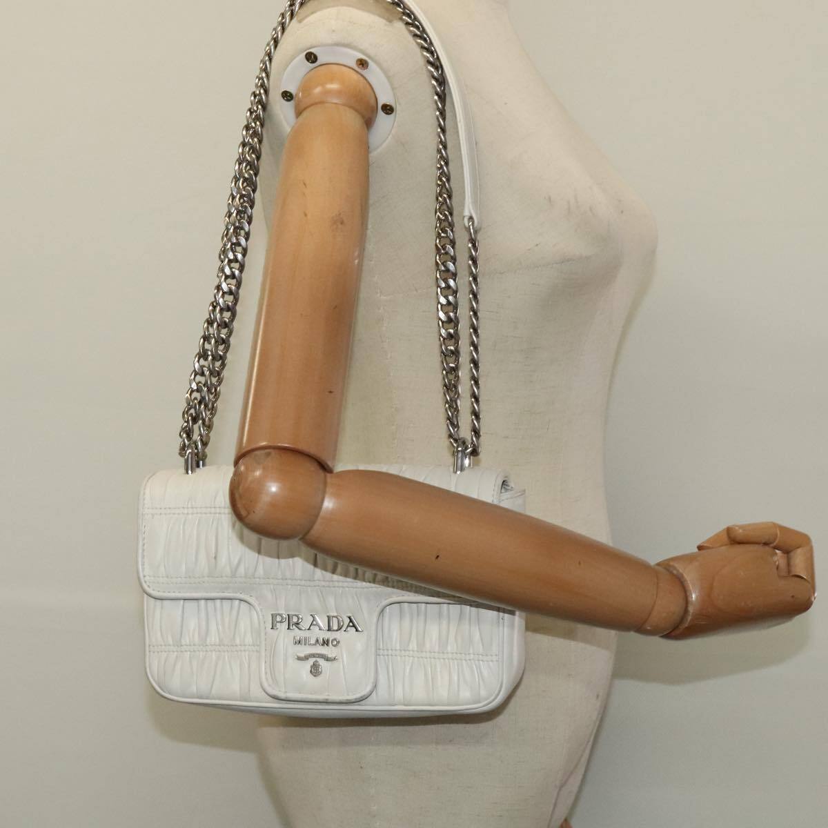 Prada Chain Flap Shoulder Bag Nappa Gaufre, WHITE, LEATHER, Shoulder bag
