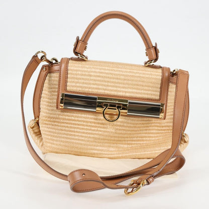 Salvatore Ferragamo Sofia Satchel Raffia with Leather, BEIGE, WOOD, Handbag