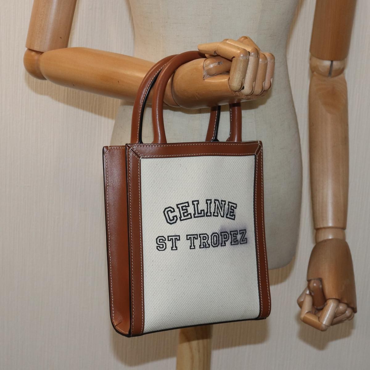 Celine Vertical Cabas Tote Canvas with Leather, WHITE, CANVAS, Handbag