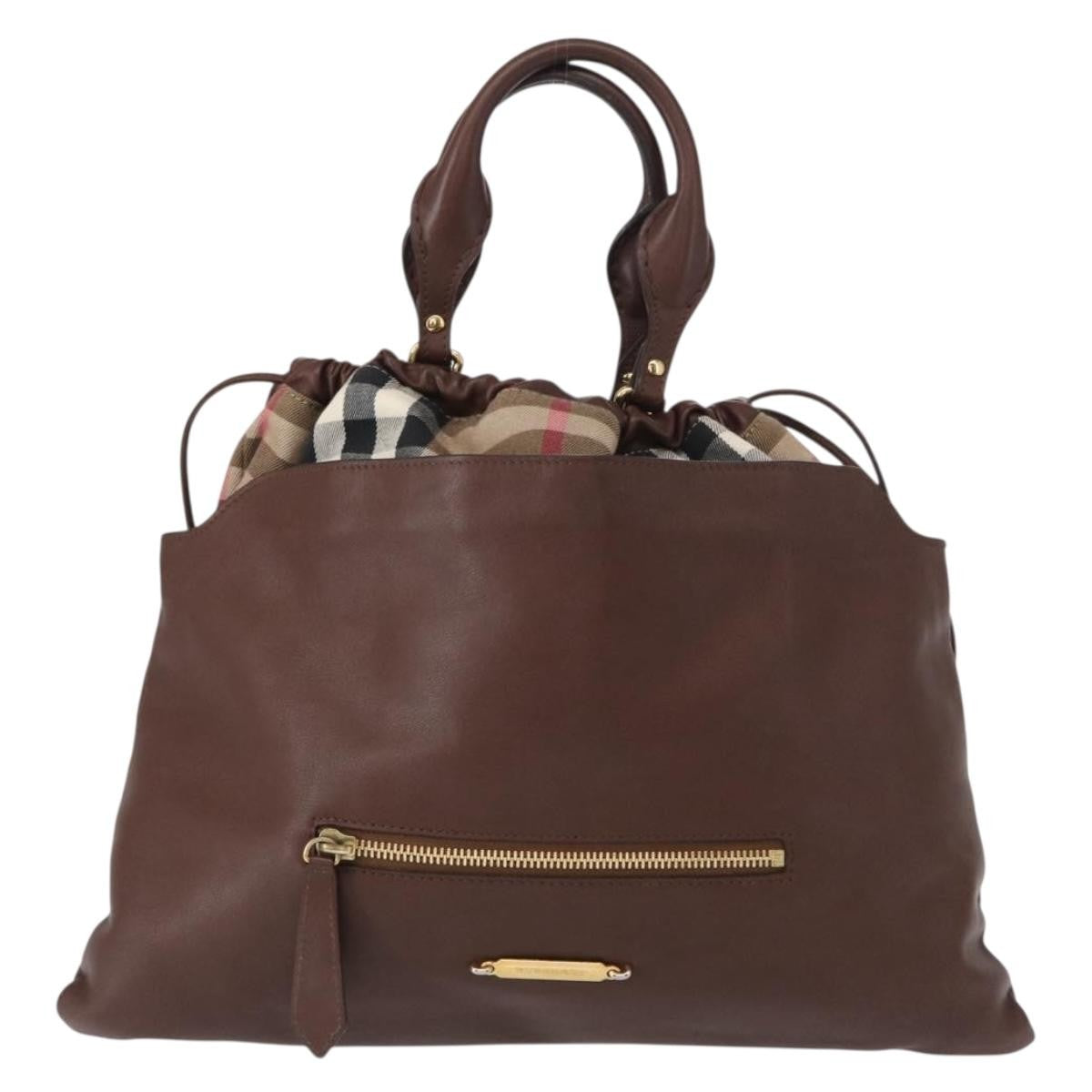 Burberry Big Crush Tote Leather and House Check Canvas, BROWN, LEATHER, Handbag