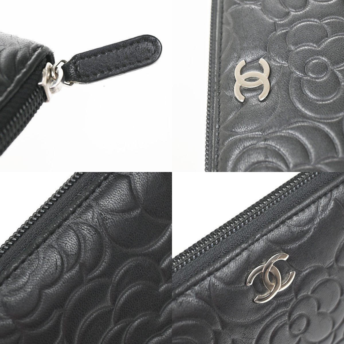 Chanel Camellia Zip Around Organizer Leather, Black, Leather, Wallet